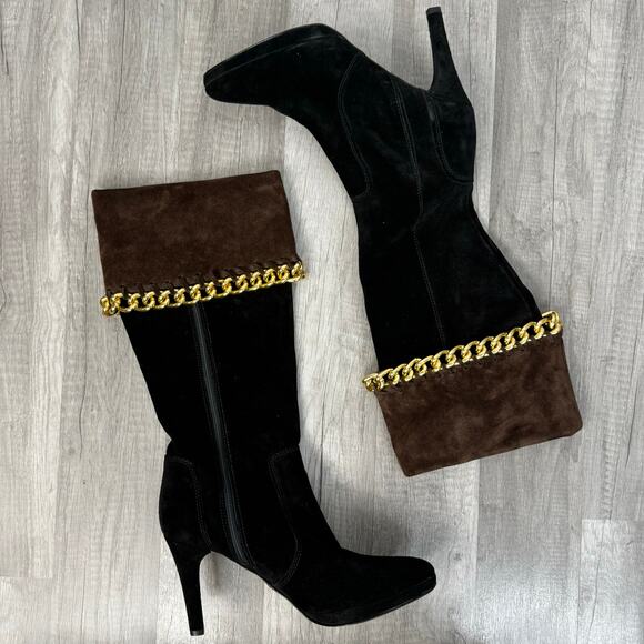 Carisma Made In Italy Black andBrown Suede Gold Chain Tall Boots Size 8 - Picture 2 of 8